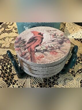 THIRSTYSTONE Cork Backed Coasters & Holder, New in Box